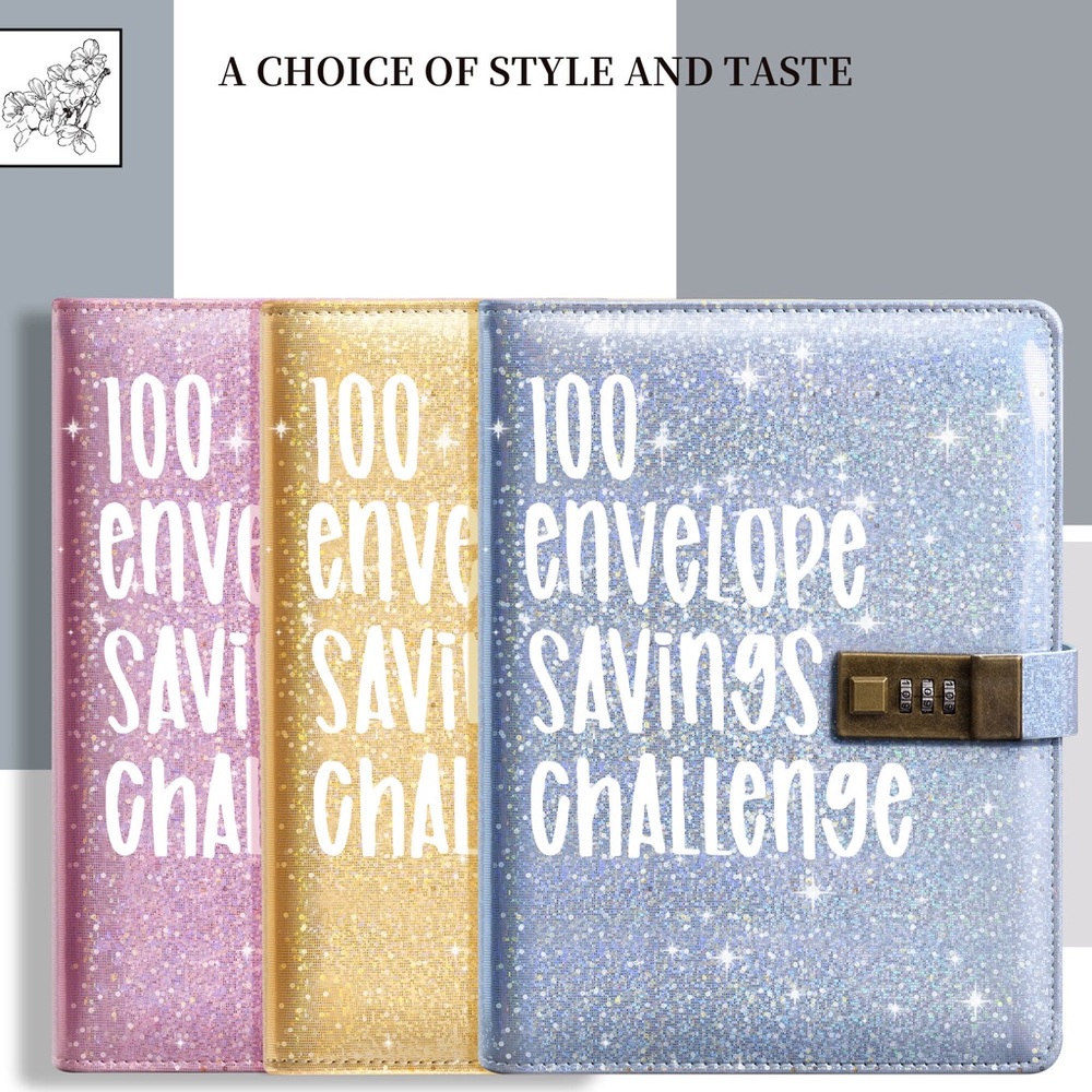 Yellow, Pink and blue Money savings challenge binders with LOCKS and FREE PENS.